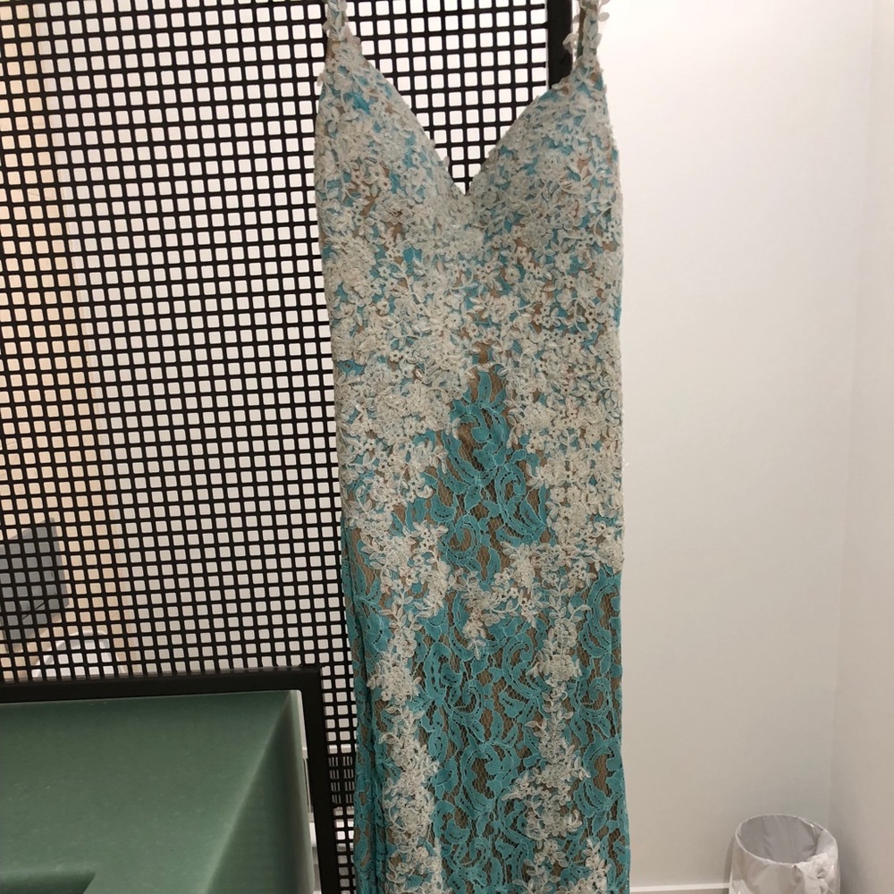 Jovani Evening Gown Turquoise/White w/ Nude Under